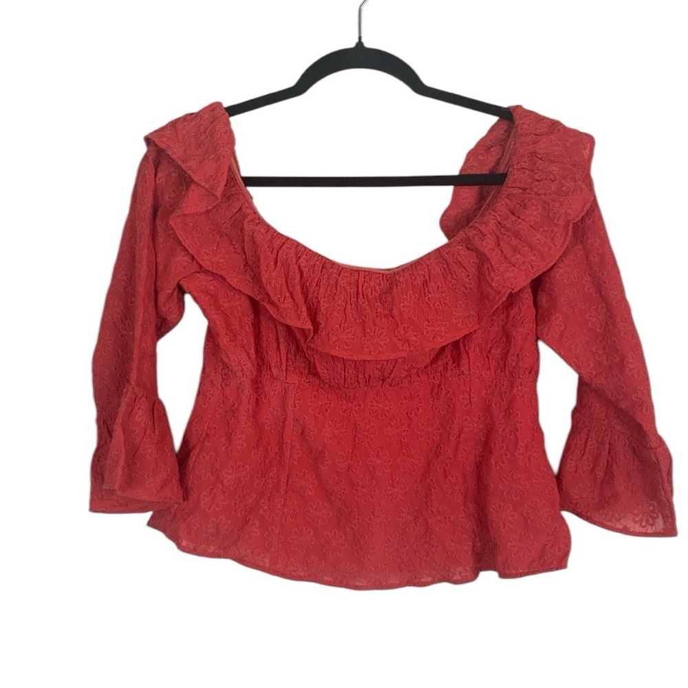Lovers + Friends textured floral open shoulder ruffle trim blouse